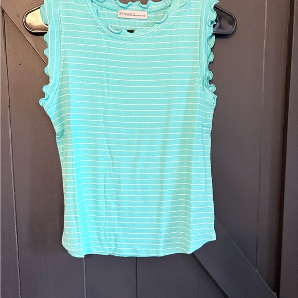 Zenana Outfitters Tops - Zenana Outfitters Mint and White Striped Ruffle-Trim Tank